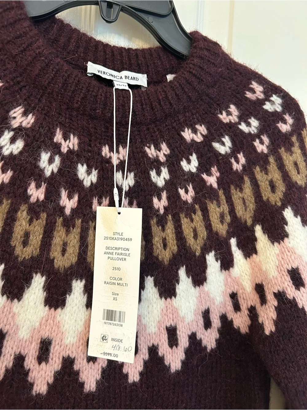 Veronica Beard Anne Fair Isle Alpaca Wool Blend Sweater in Raisin Multi Size XS - Picture 10 of 12
